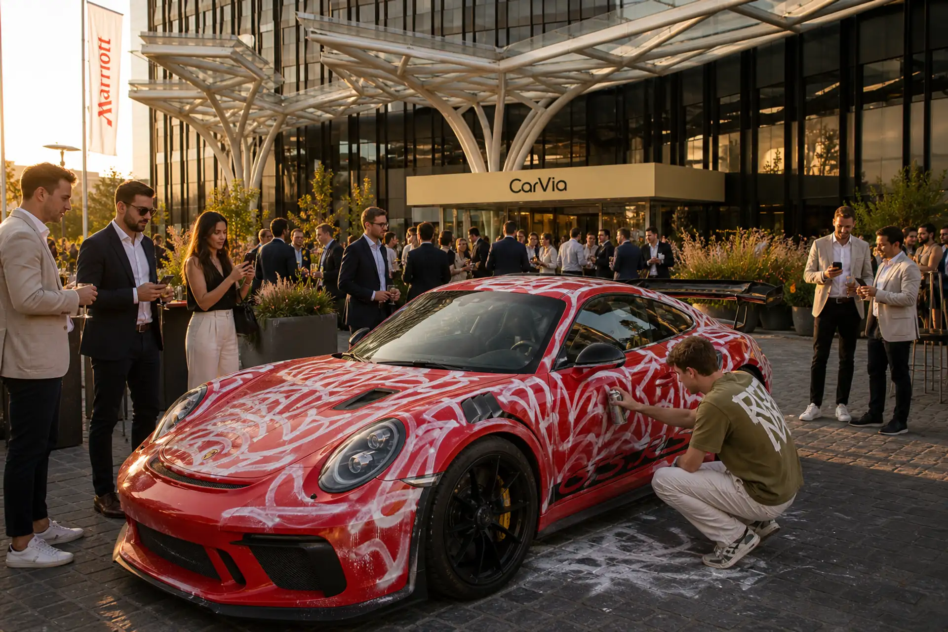 Ein roter Porsche 911 GT3 RS wird beim CarVia Opening Event live mit weißer Kreidefarbe gestaltet.